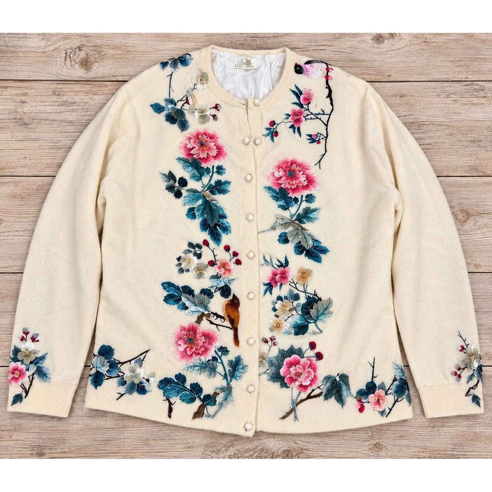 Vintage 1950s Dalton 100% Cashmere Cardigan Embroidered Birds Floral WPL 11765